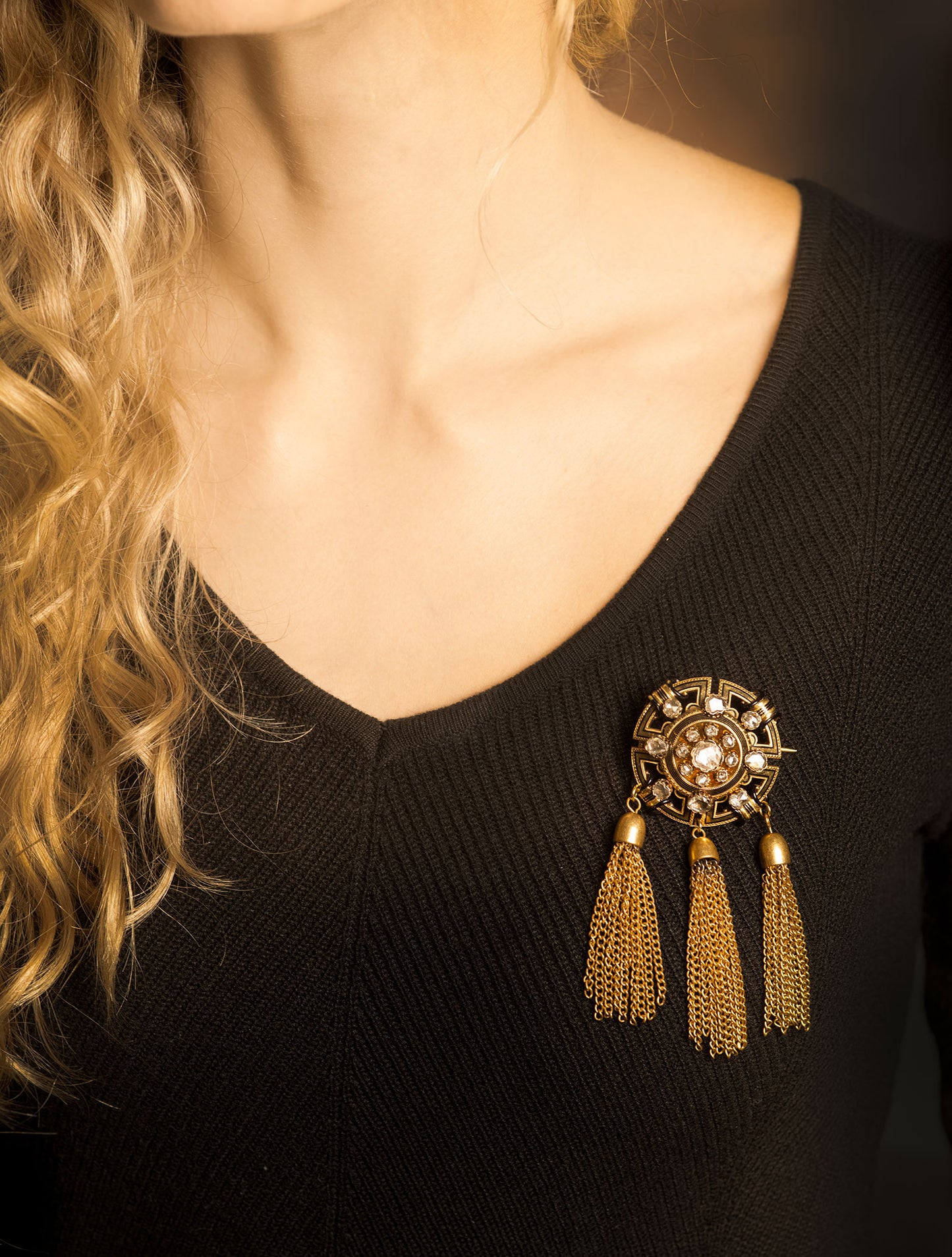 French Art Deco Diamond and Enamel Tassel Brooch