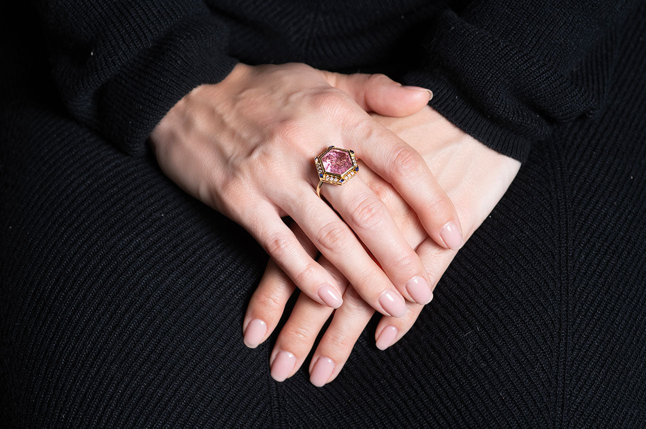 Hexagon Pink Tourmaline & Sapphire Cocktail Ring
