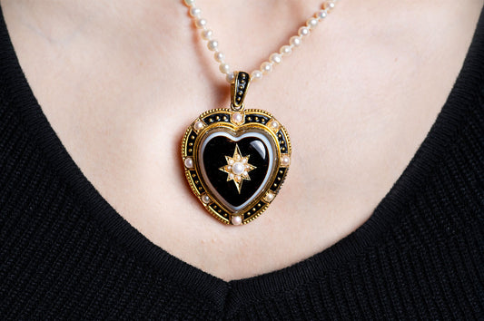 Victorian Agate & Pearl Mourning Heart Pendant