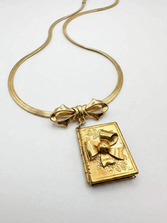 Vintage Gold Plated Bow Locket Necklace