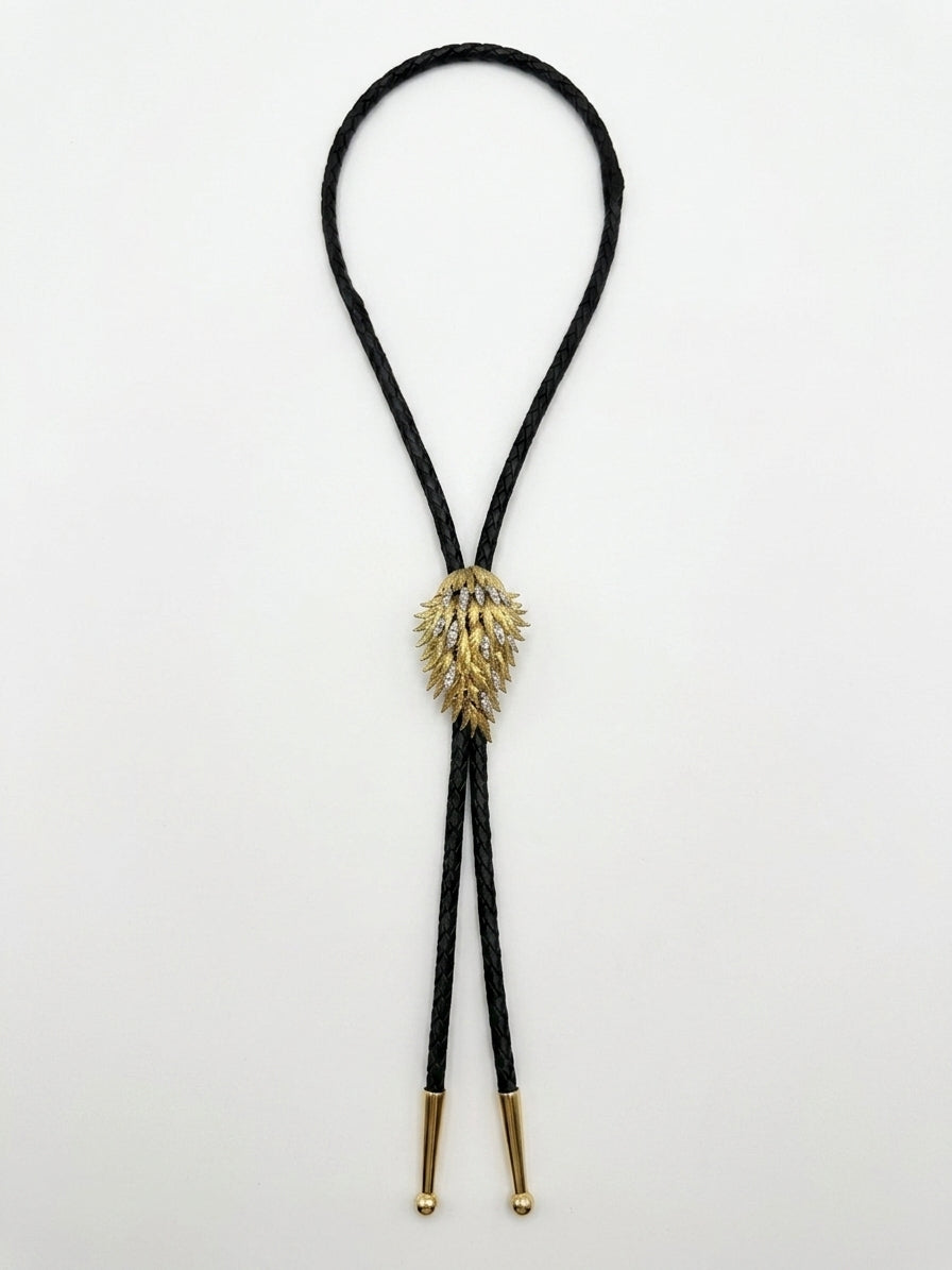Vintage Diamond and Gold Feather Leather Bolo