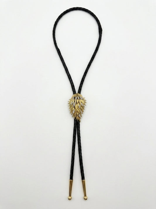 Vintage Diamond and Gold Feather Leather Bolo