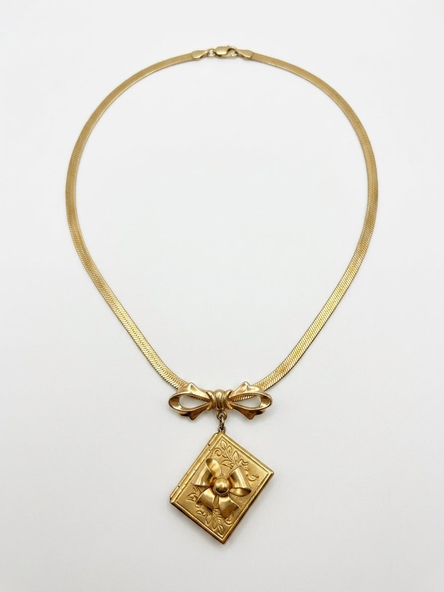 Vintage Gold Plated Bow Locket Necklace