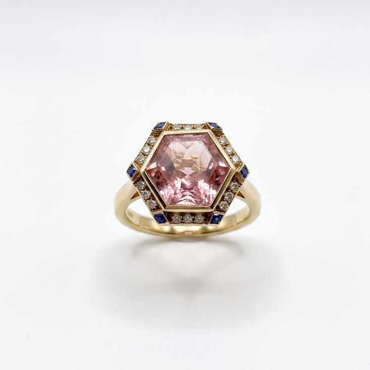 Hexagon Pink Tourmaline & Sapphire Cocktail Ring