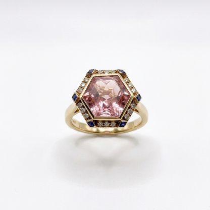 Hexagon Pink Tourmaline & Sapphire Cocktail Ring