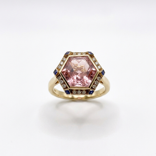 Hexagon Pink Tourmaline & Sapphire Cocktail Ring