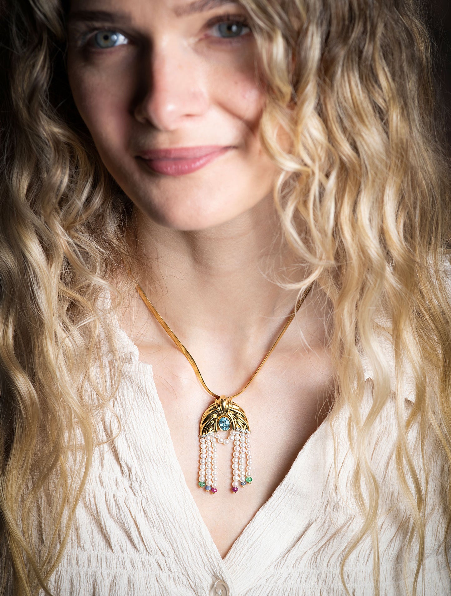 Art Deco Revival Pearl & Multi-Gemstone Fringe Pendant