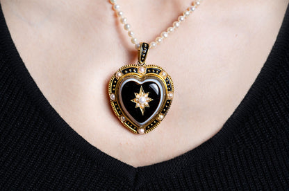 Victorian Agate & Pearl Mourning Heart Pendant