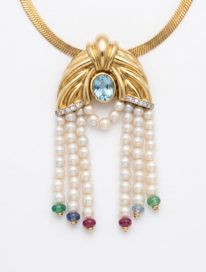 Art Deco Revival Pearl & Multi-Gemstone Fringe Pendant