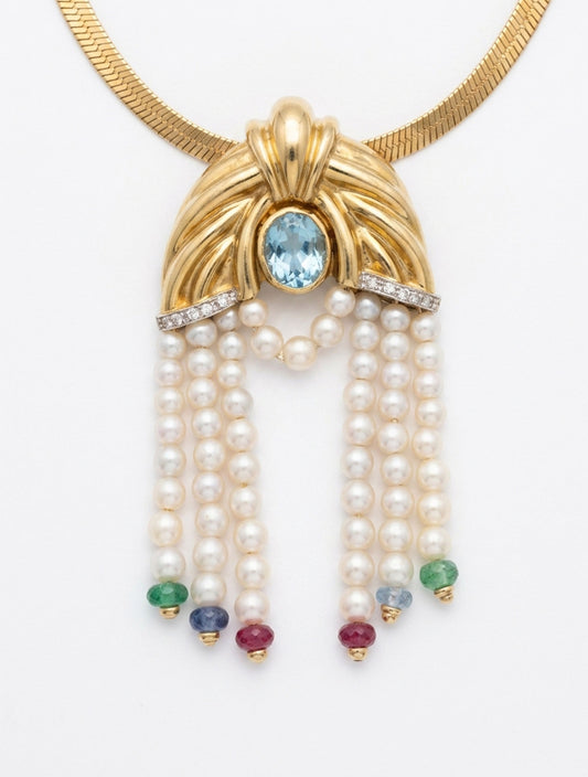 Art Deco Revival Pearl & Multi-Gemstone Fringe Pendant