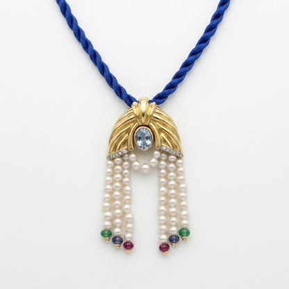 Art Deco Revival Pearl & Multi-Gemstone Fringe Pendant