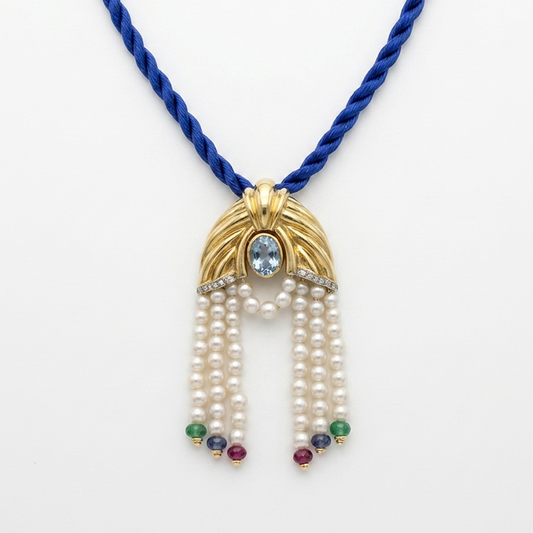 Art Deco Revival Pearl & Multi-Gemstone Fringe Pendant