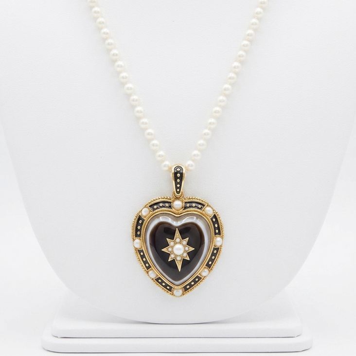 Victorian Agate & Pearl Mourning Heart Pendant