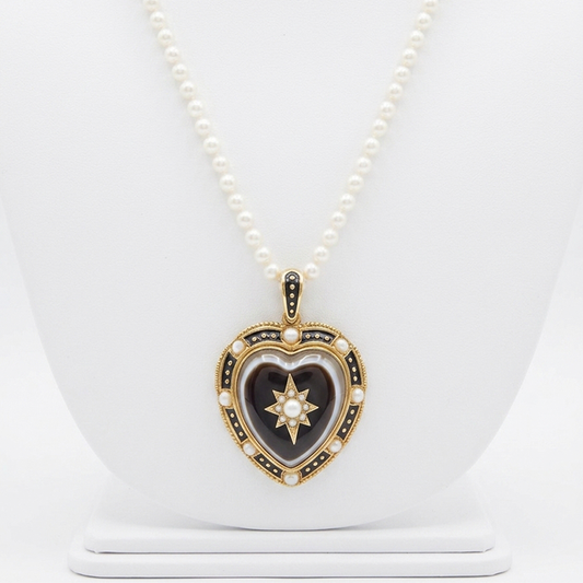 Victorian Agate & Pearl Mourning Heart Pendant
