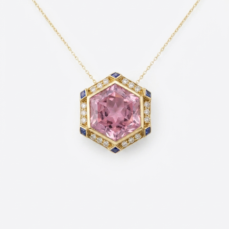 Hexagon Pink Tourmaline & Sapphire Pendant