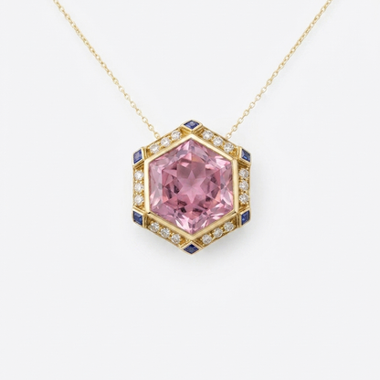 Hexagon Pink Tourmaline & Sapphire Pendant