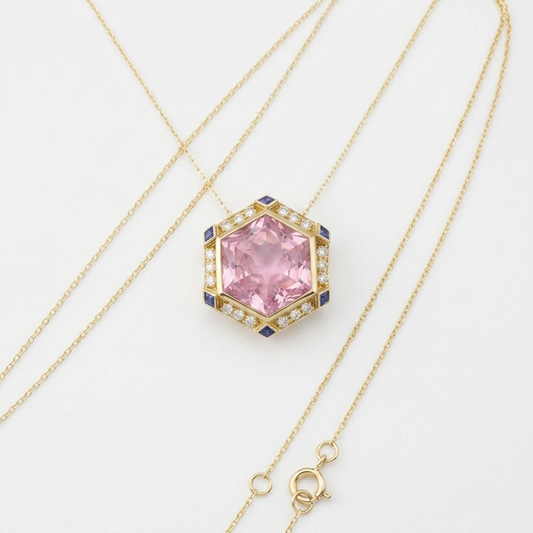 Hexagon Pink Tourmaline & Sapphire Pendant