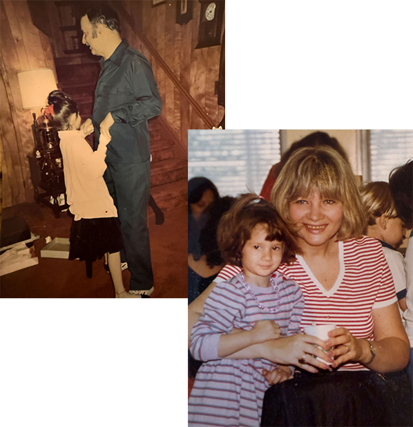 Two collage images: one of a person dancing with a child in a room with wooden walls, and another of a woman holding a child.